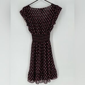 AMERICAN RAG NWOT BLK SILKY DRESS RUBY & PINK FLOWERS RUCHED WAIST SLIP OVERHEAD